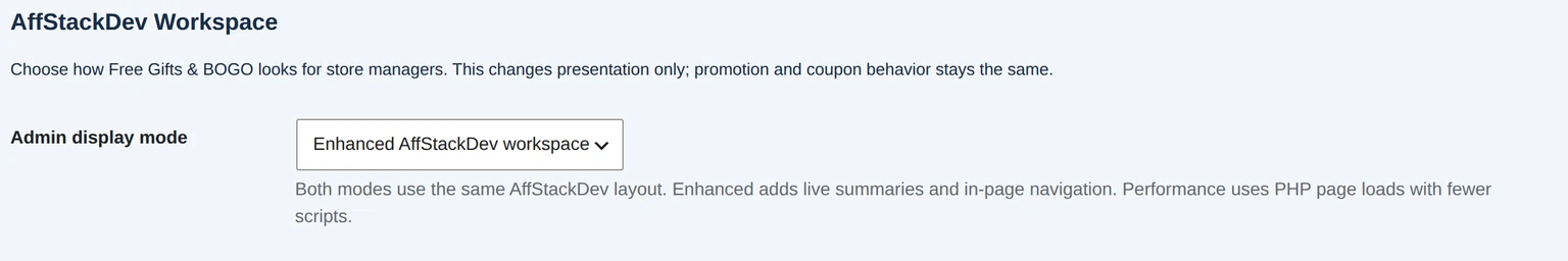 Free Gifts & BOGO admin display-mode selector in AffStackDev Workspace settings.