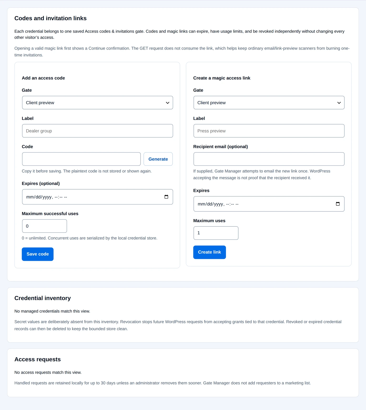 Gate Manager access-code and invitation-link forms, credential inventory and access requests.