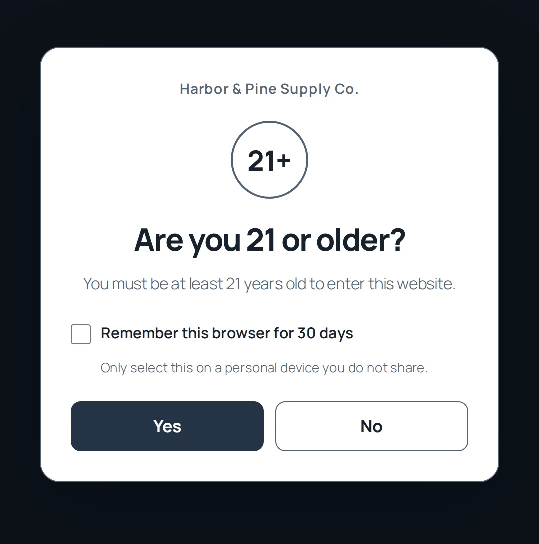 Age confirmation dialog asking whether the visitor is 21 or older.