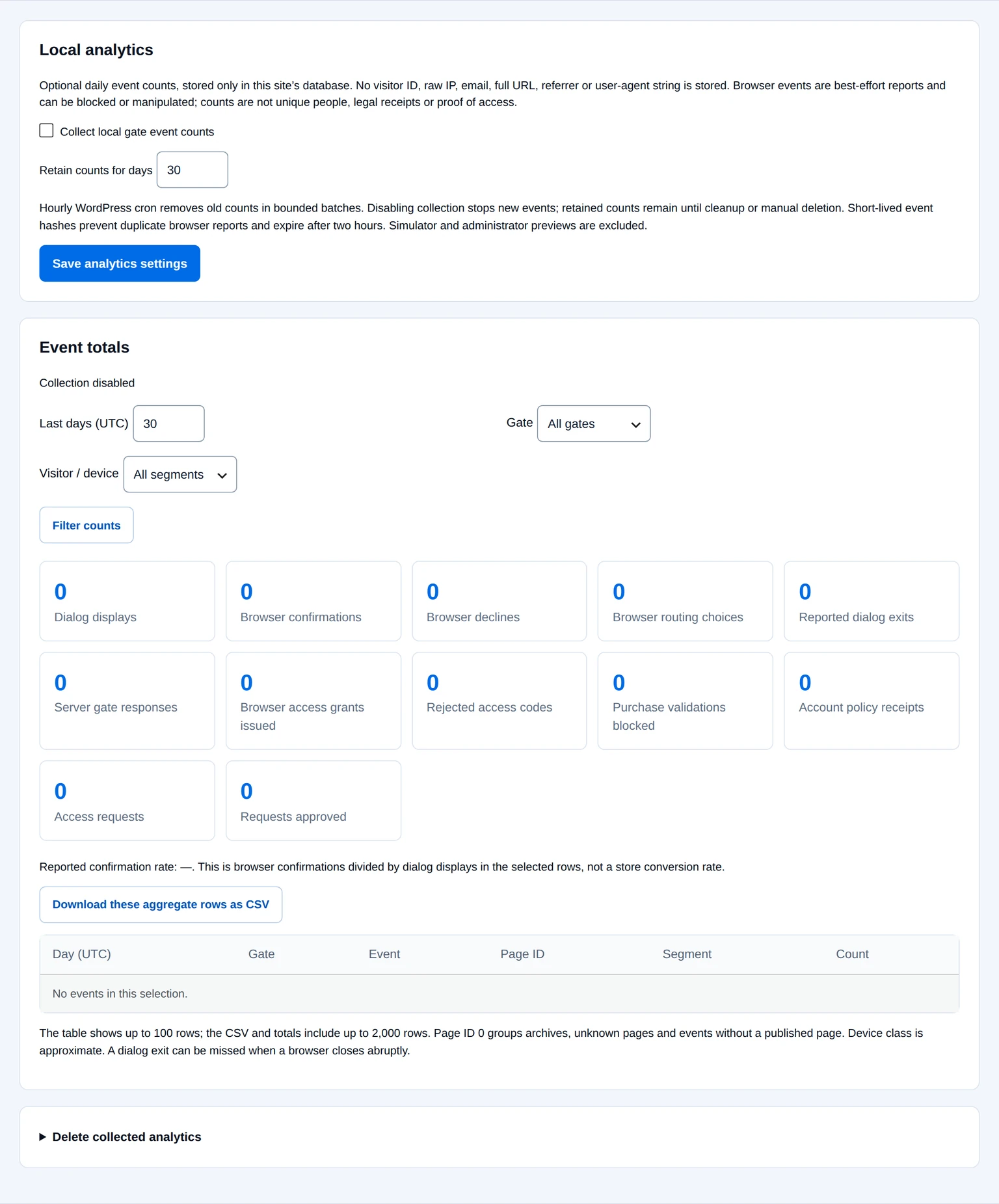 Local analytics settings with collection disabled and no event counts recorded.
