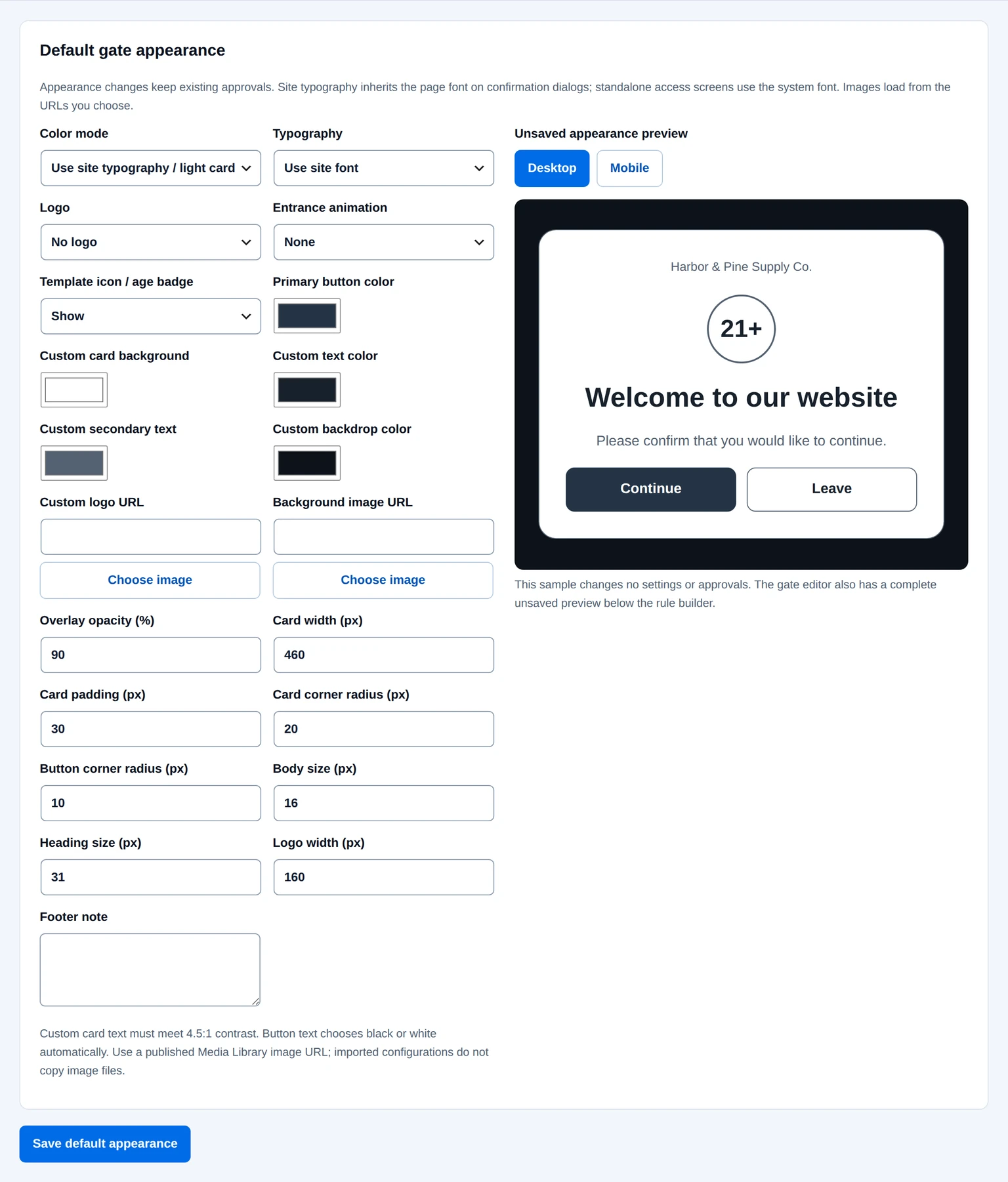Gate Manager default appearance controls beside a live preview of a confirmation card.