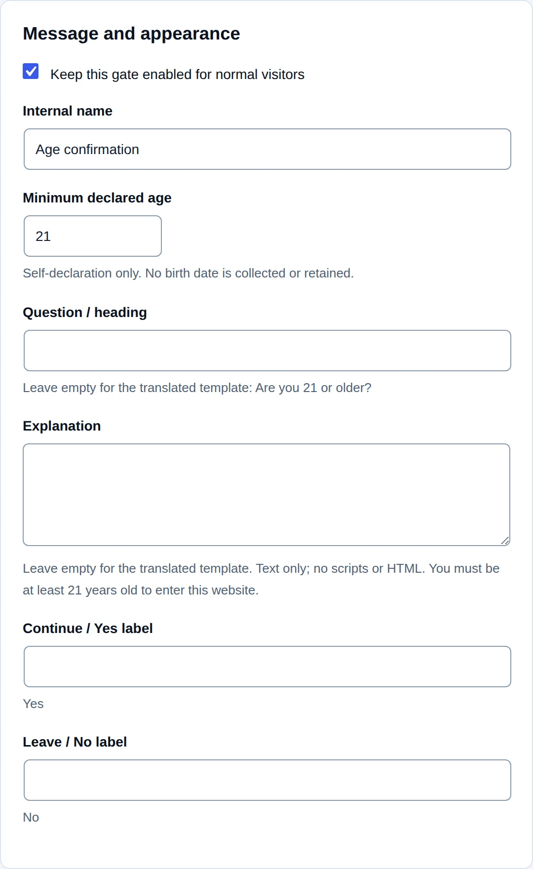 Age confirmation editor with a minimum declared age of 21 and customizable question, explanation and buttons.