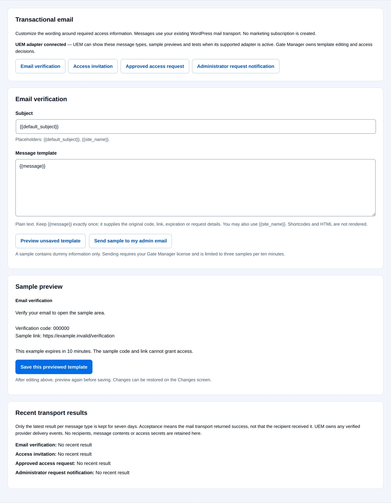 Gate Manager transactional email editor and a dummy email-verification sample.