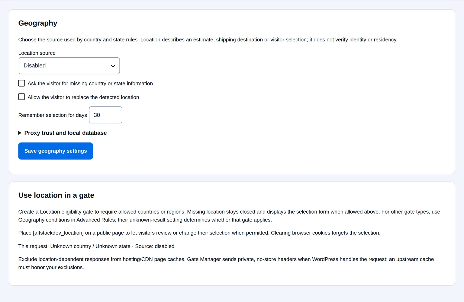 Gate Manager geography settings with the source disabled and optional visitor selection controls.