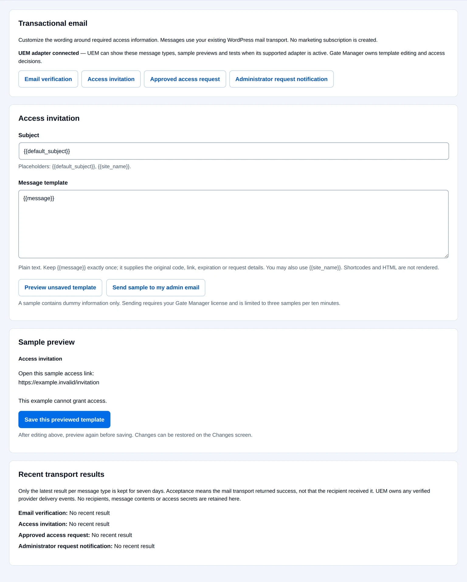 Access invitation template and dummy sample preview in Gate Manager.