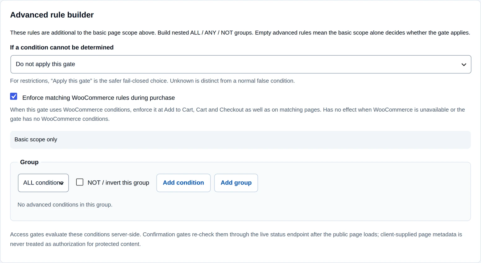 Advanced gate rule builder with ALL conditions and WooCommerce purchase enforcement.