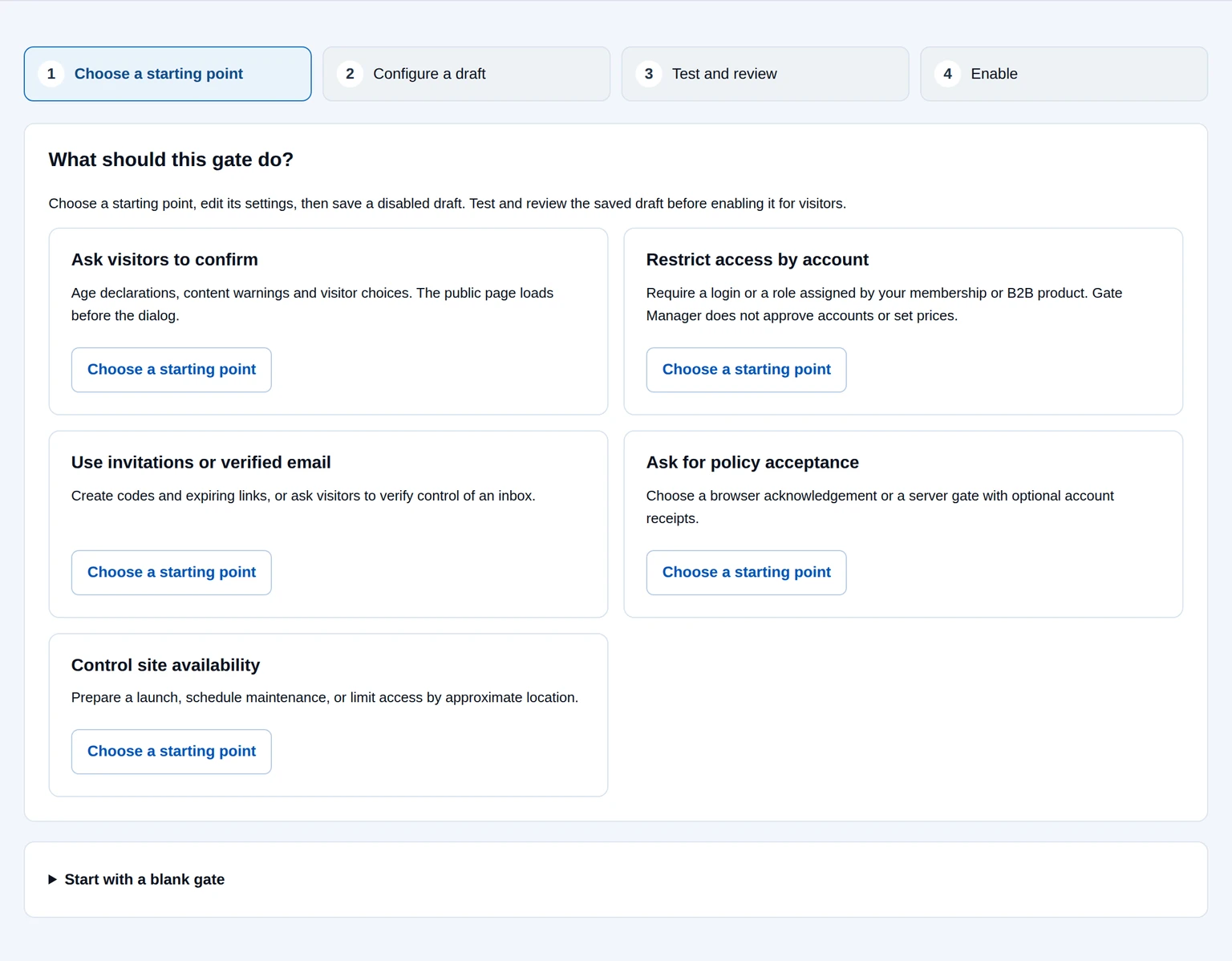 Gate Manager setup choices for confirmations, account access, invitations, policies and site availability.