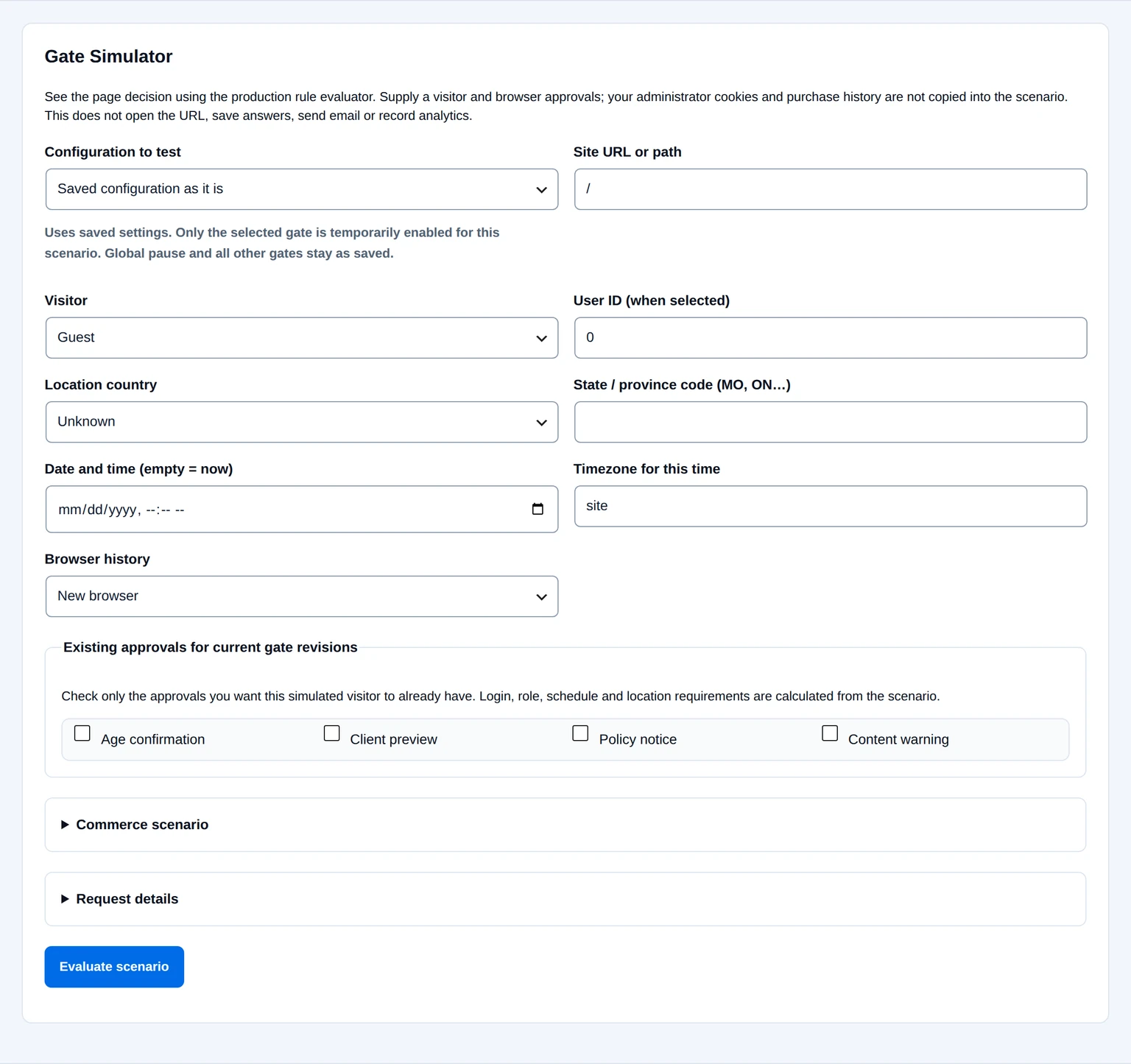 Gate Simulator inputs for the site path, visitor, location, date and browser approvals.