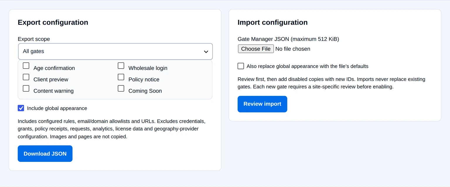 Gate Manager configuration export and JSON import review controls.