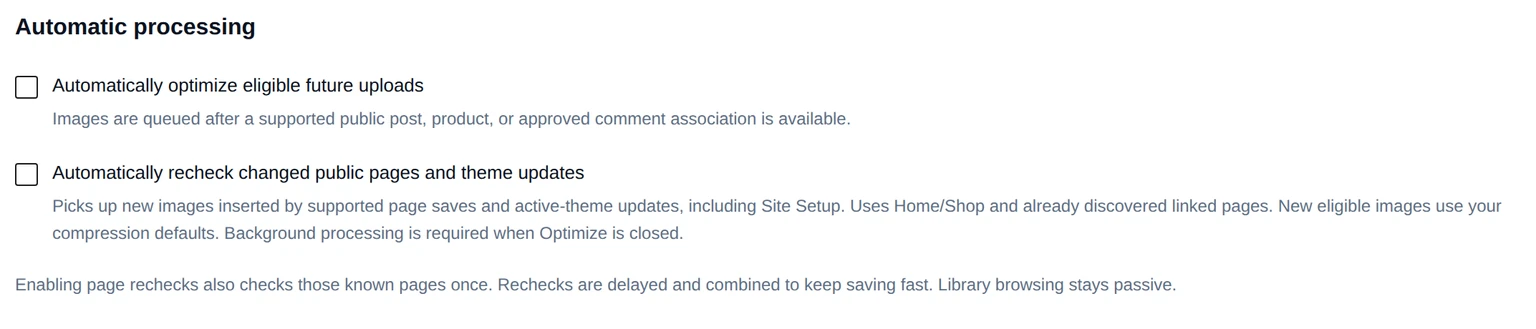 Image Manager automatic processing switches for future uploads and public-page or theme changes. 