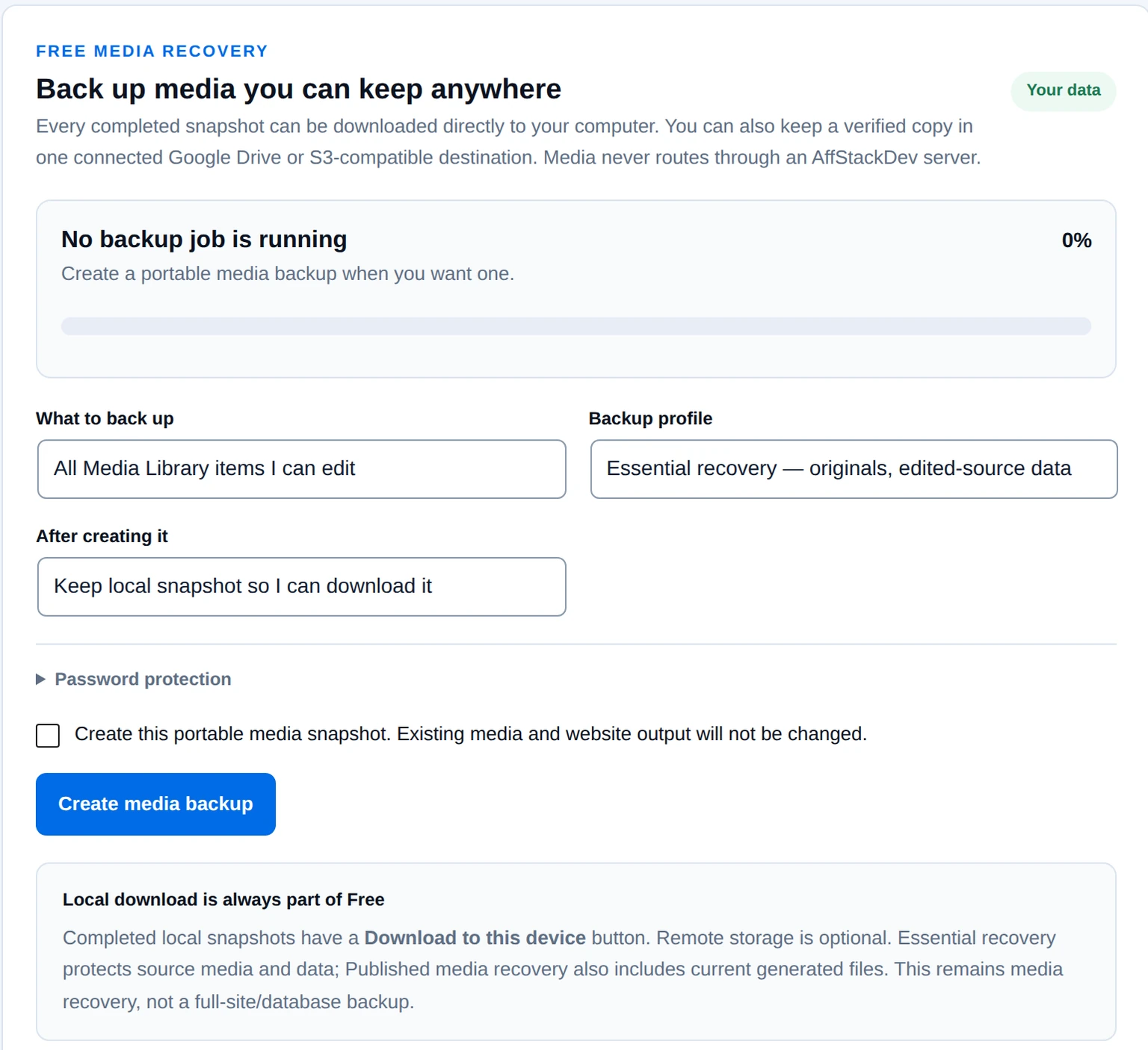Image Manager backup form before a first snapshot, with scope, Essential recovery profile and local download choice.