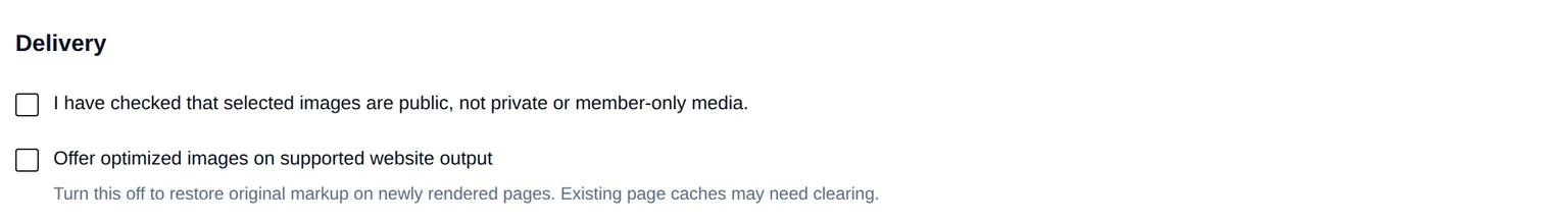 Image Manager Delivery settings with public-image approval and Offer optimized images switches both off.