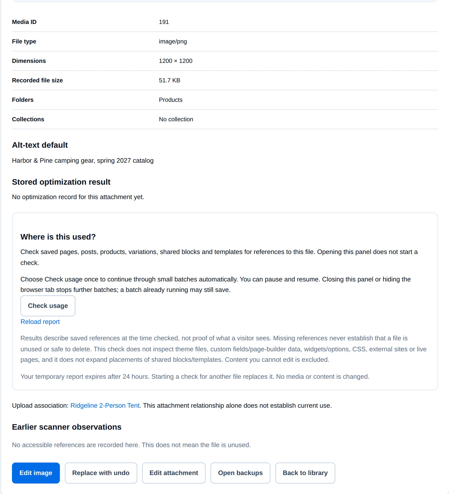 Image Manager attachment details with folder, collection, alt-text default and Check usage controls.