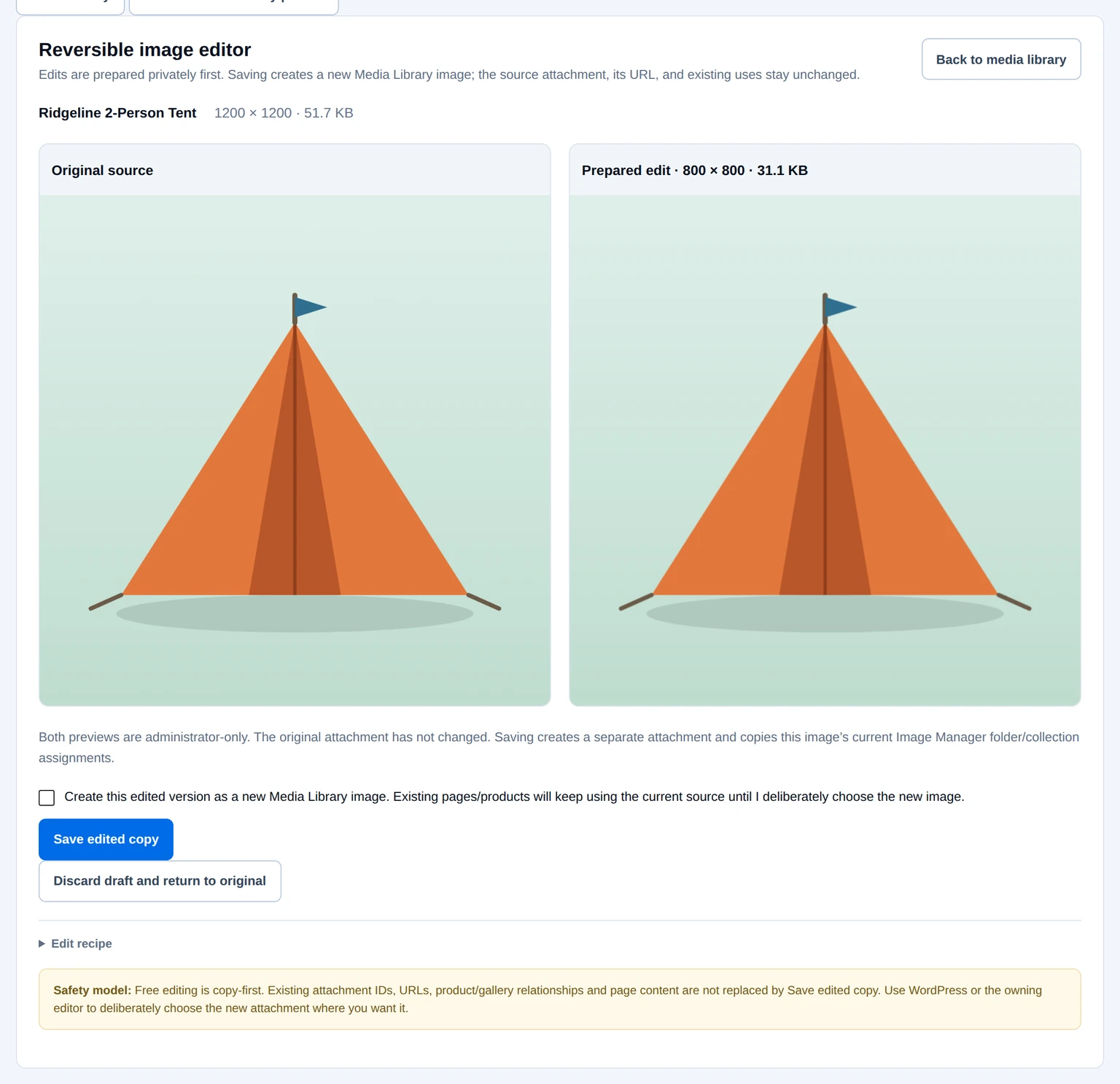 Image Manager reversible editor comparing a 1200-pixel original tent image with its prepared 800-pixel copy.