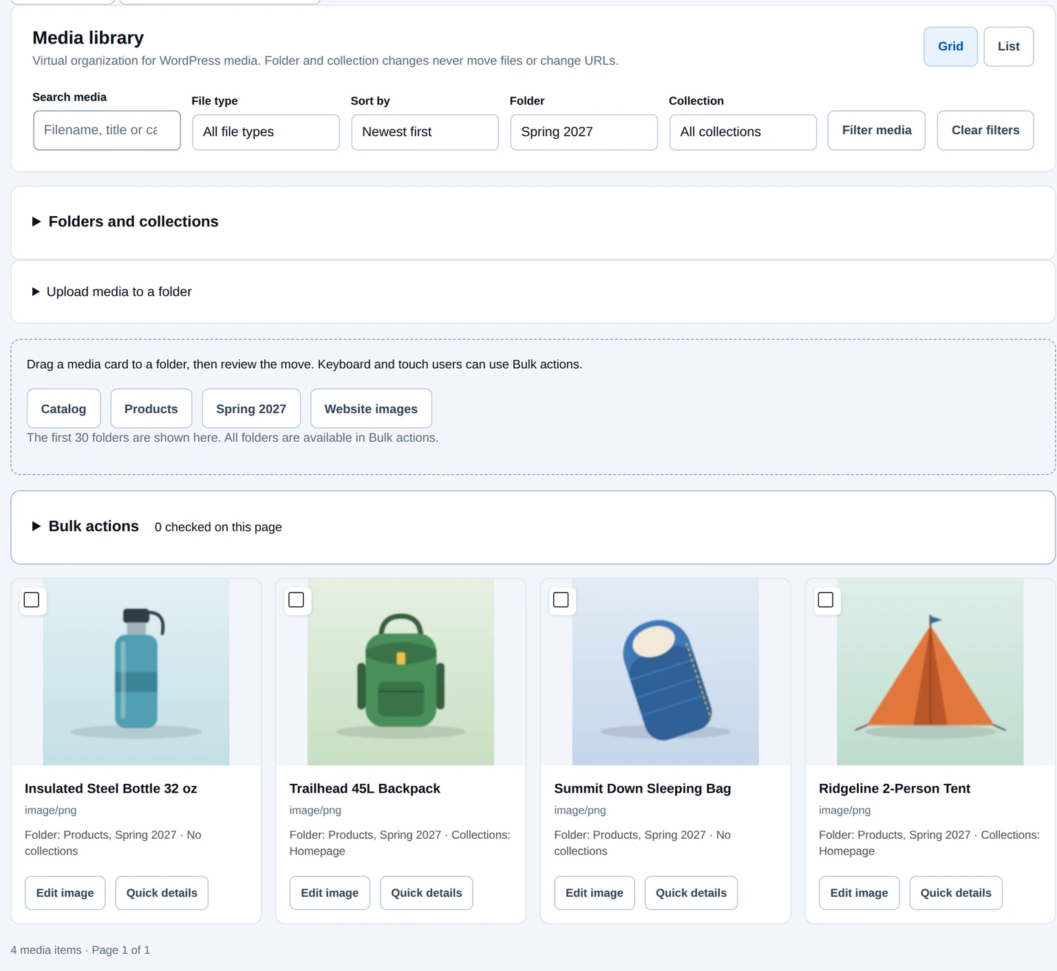 Image Manager library filtered to Spring 2027, showing four fictional camping products and their folder labels.