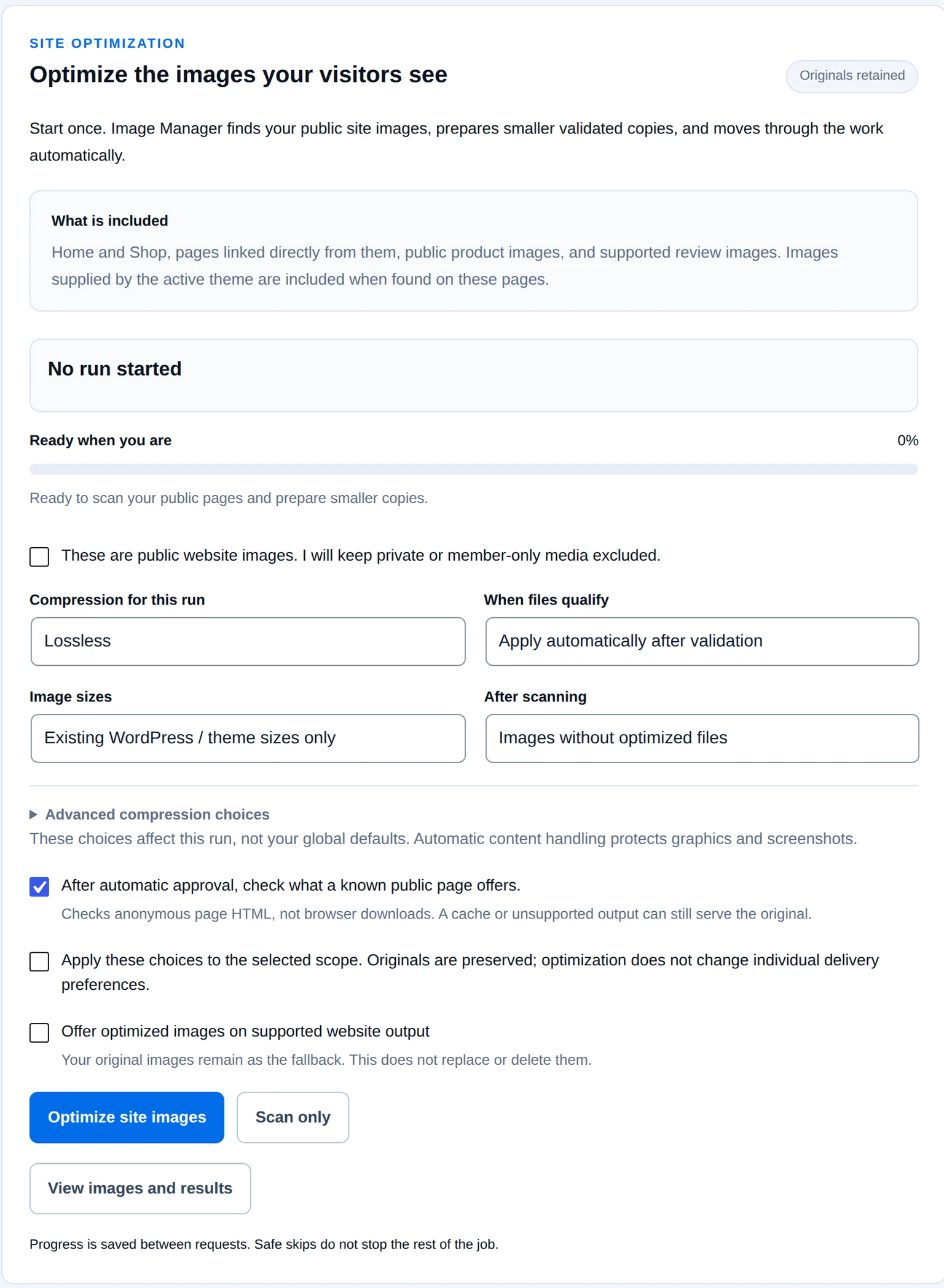 Image Manager Optimize form before a first run, with compression, image sizes, approval and delivery controls.