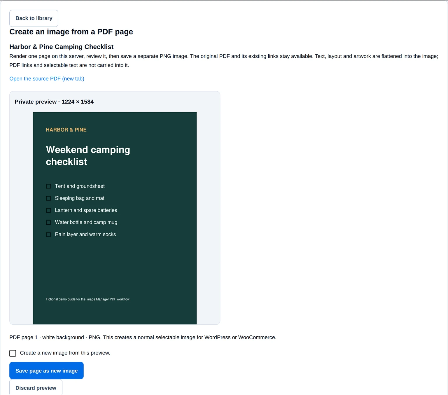 Image Manager PDF conversion showing a prepared camping checklist page and controls to save a new image.