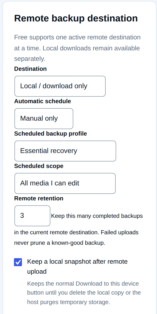 Image Manager remote destination settings with schedule, recovery profile, scope and retention controls.