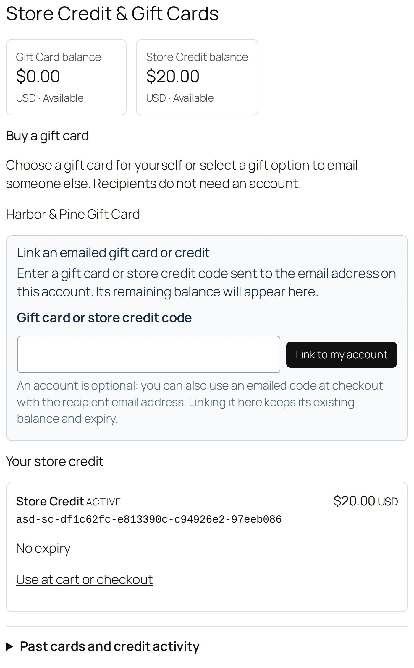 Customer Store Credit & Gift Cards page with a fictional twenty-dollar balance, the link-card form and credit details.
