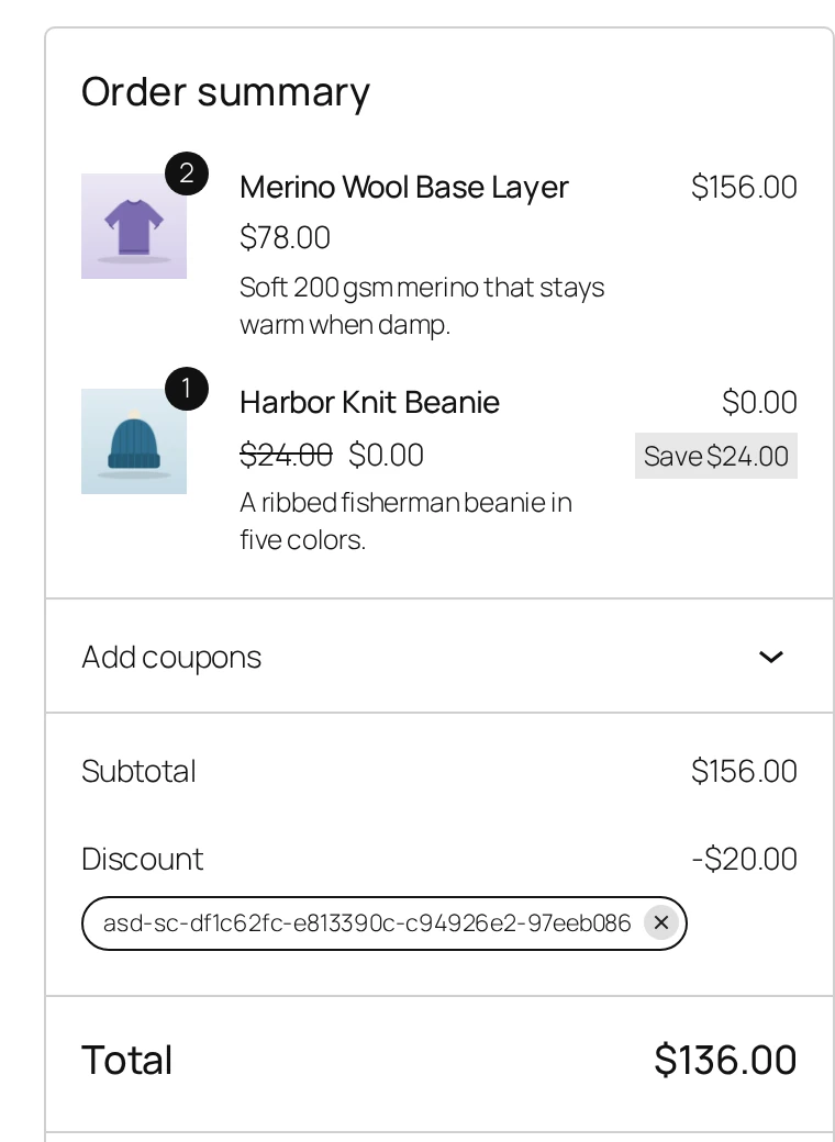 Checkout order summary with two base layers, a separate free gift, a twenty-dollar credit and a 136 total.