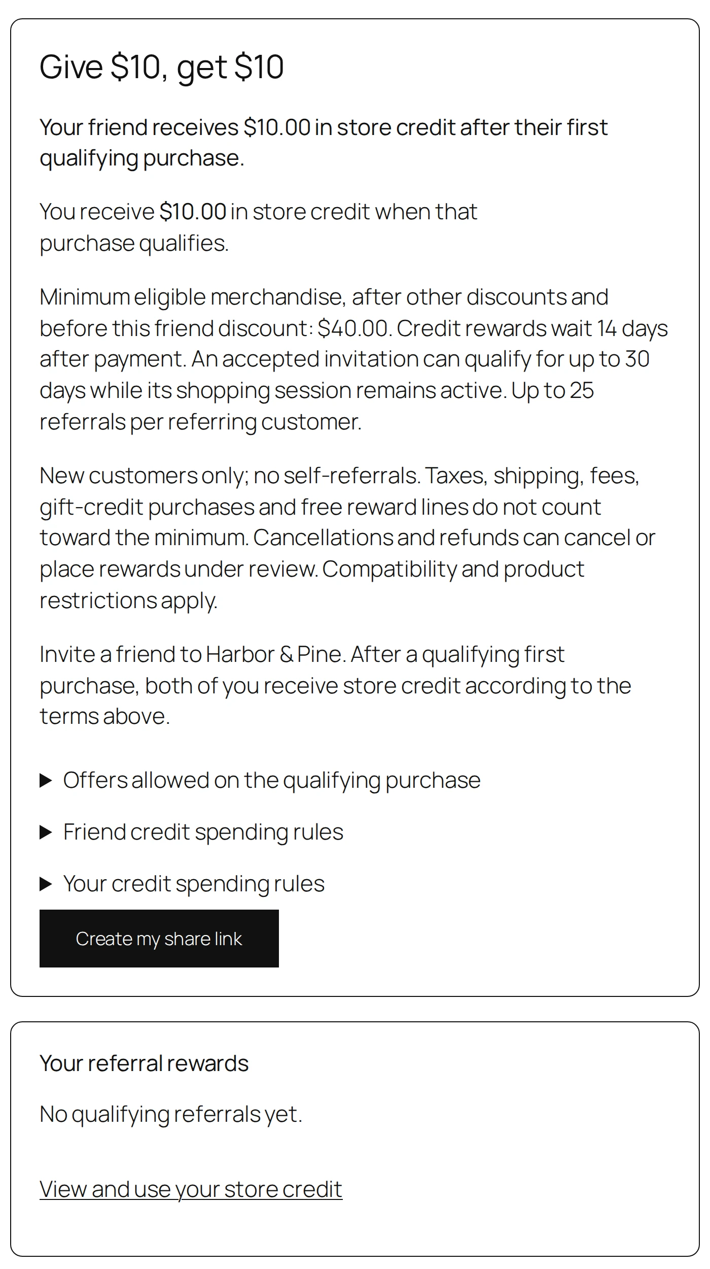 Refer a Friend account panel with a ten-dollar offer, qualification terms and the current Create my share link button.