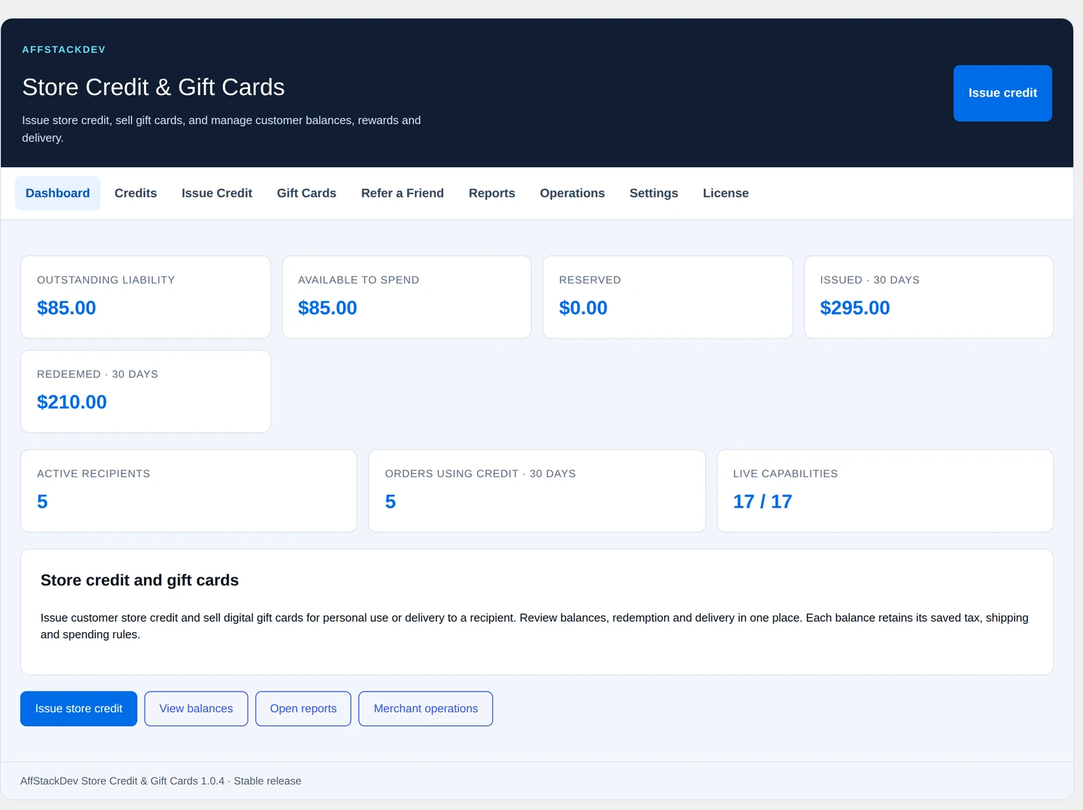 Store Credit 1.0.4 dashboard with fictional balances, activity totals and links to merchant tools.