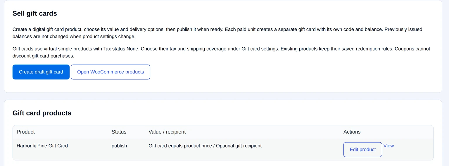 Gift Cards workspace with a fictional gift-card product and the create and edit controls.