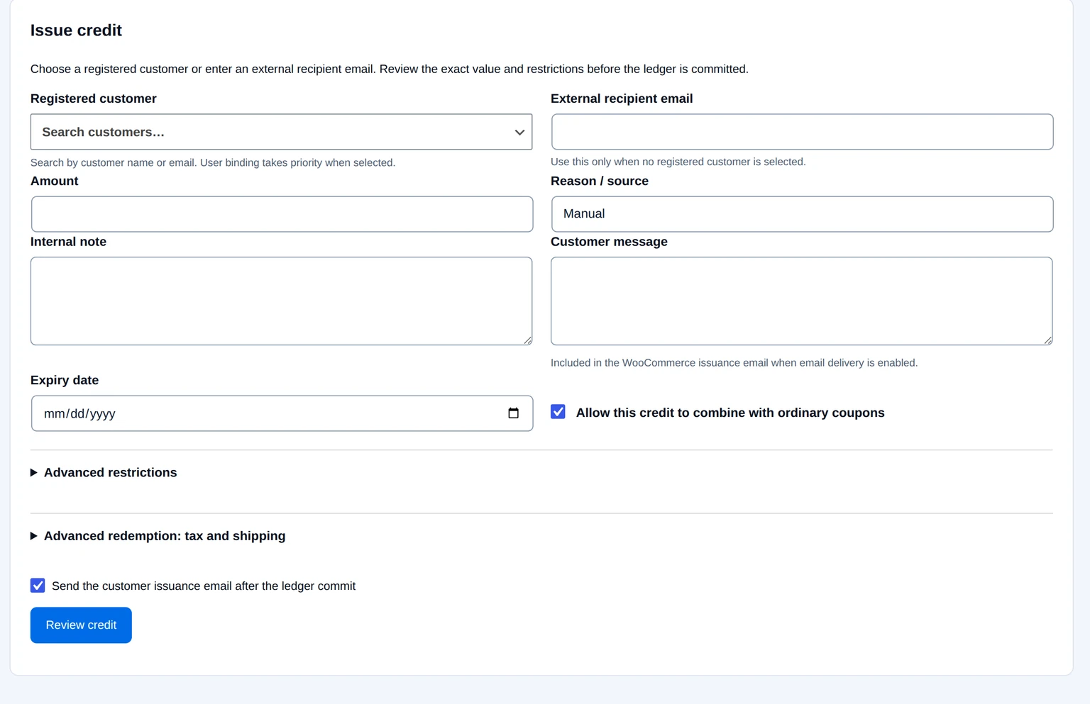 Store Credit issue form with recipient, amount, expiry, coupon policy and advanced restrictions.