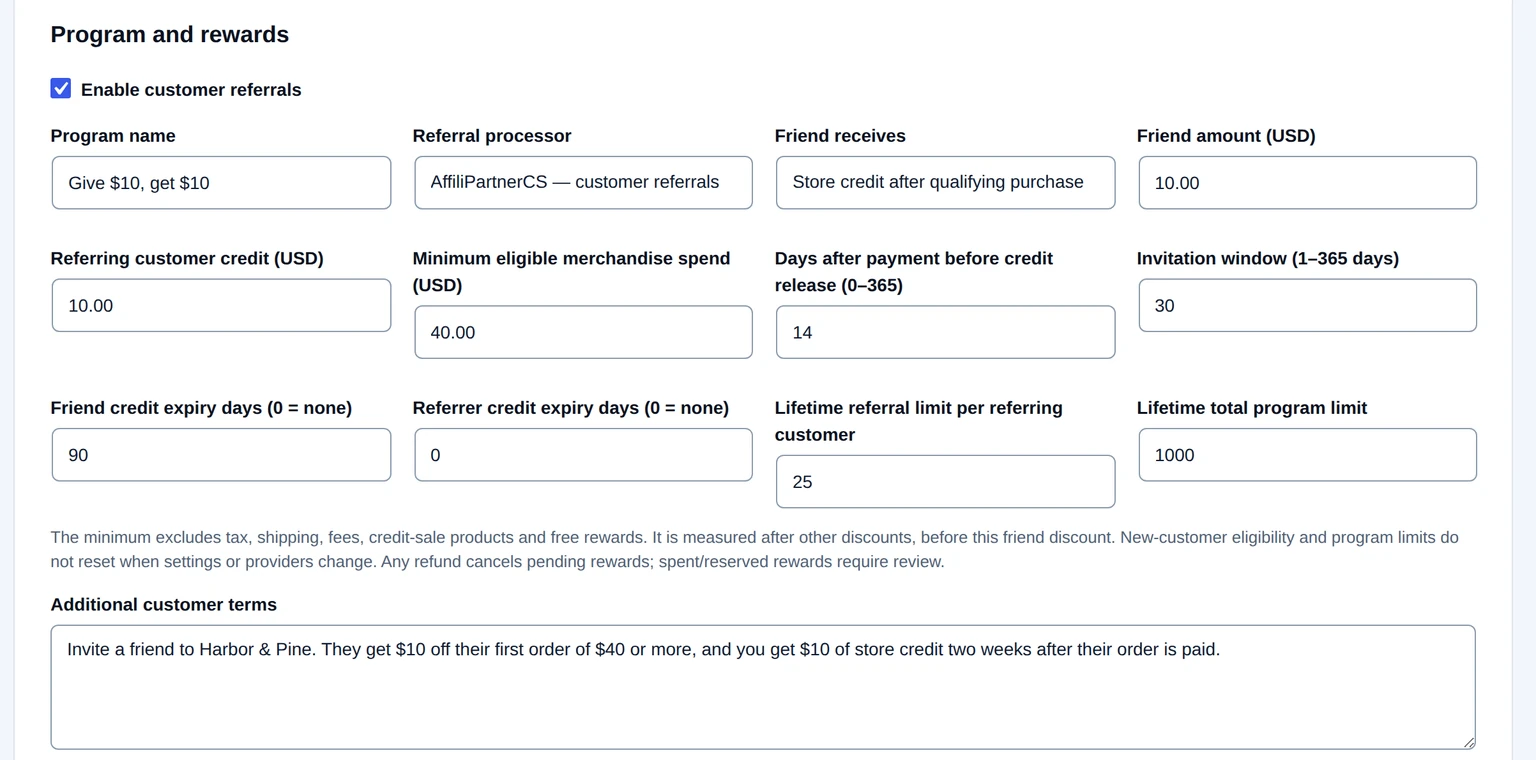 Refer a Friend program settings with separate friend and referrer rewards and waiting-period controls.