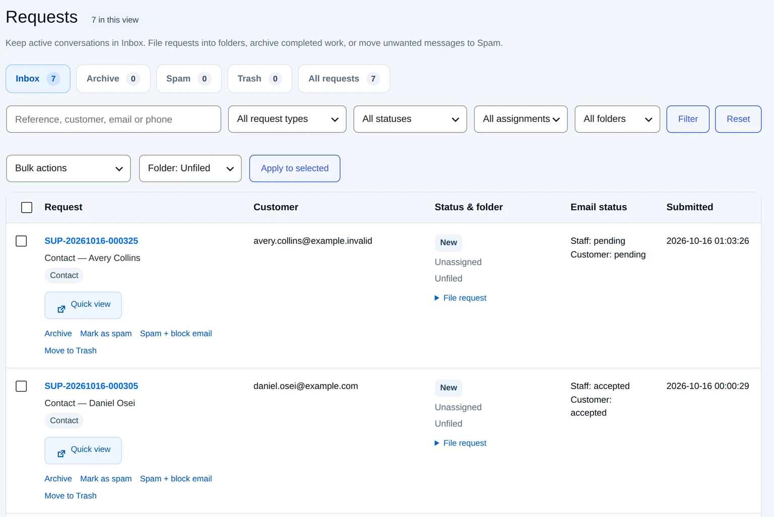Support Desk inbox with fictional requests, status, assignment, email outcomes and filing actions.
