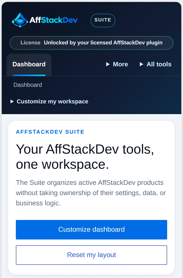 AffStackDev Suite dashboard captured at a 390-pixel phone viewport.