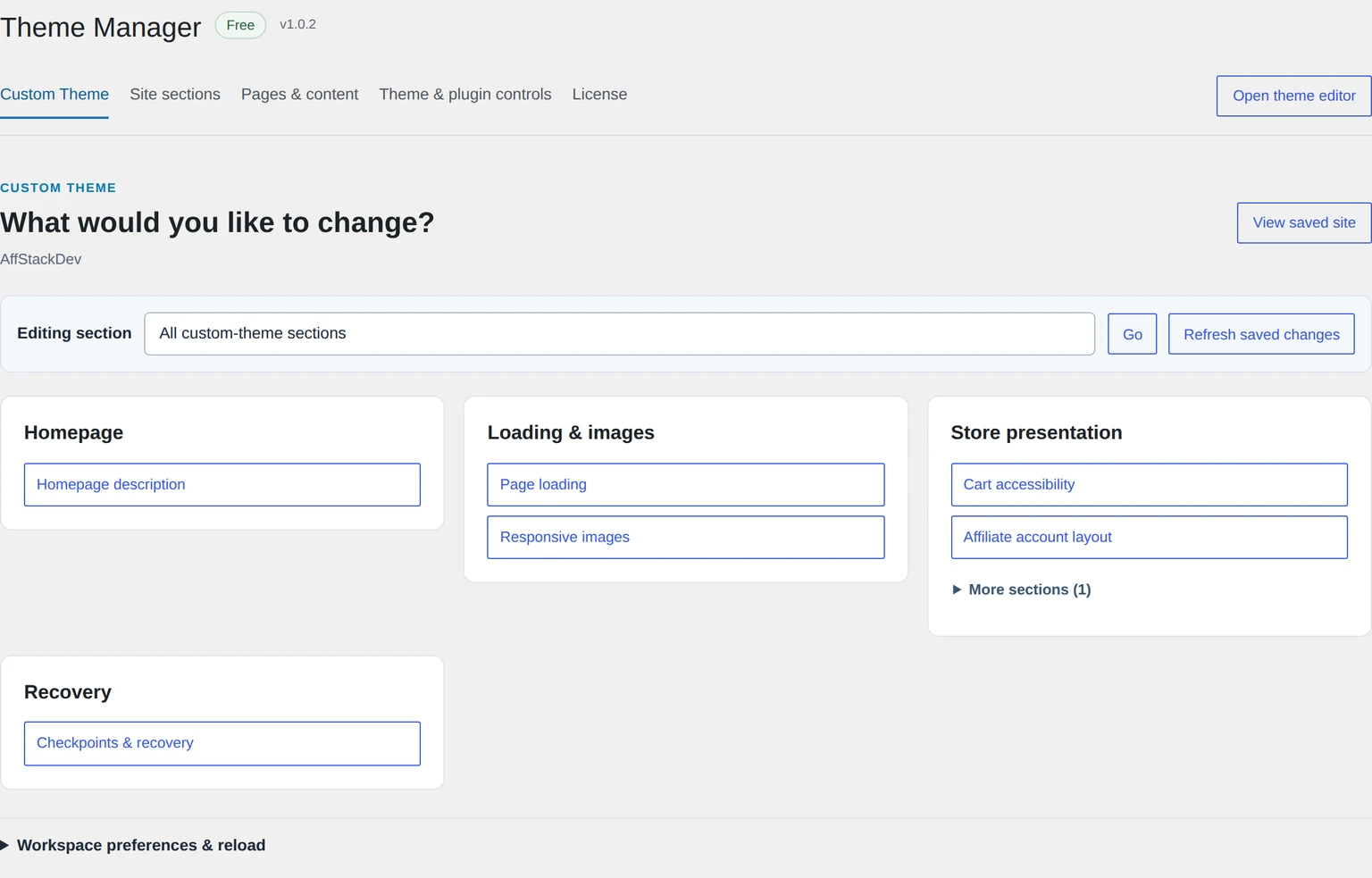 Theme Manager Custom Theme tab with Homepage, Loading & images, Store presentation and Recovery sections.
