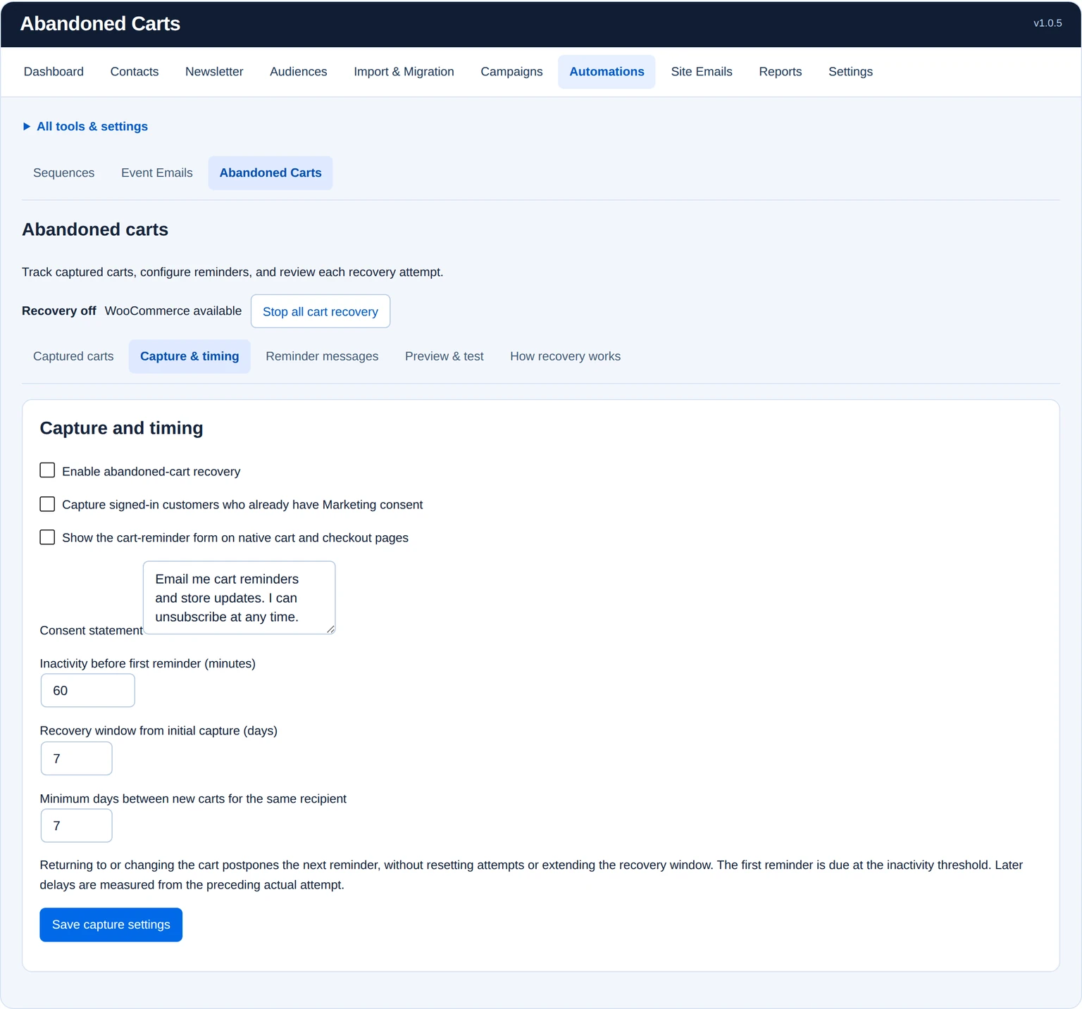 Cart-recovery capture controls, consent statement, inactivity threshold, recovery window and minimum time between carts.