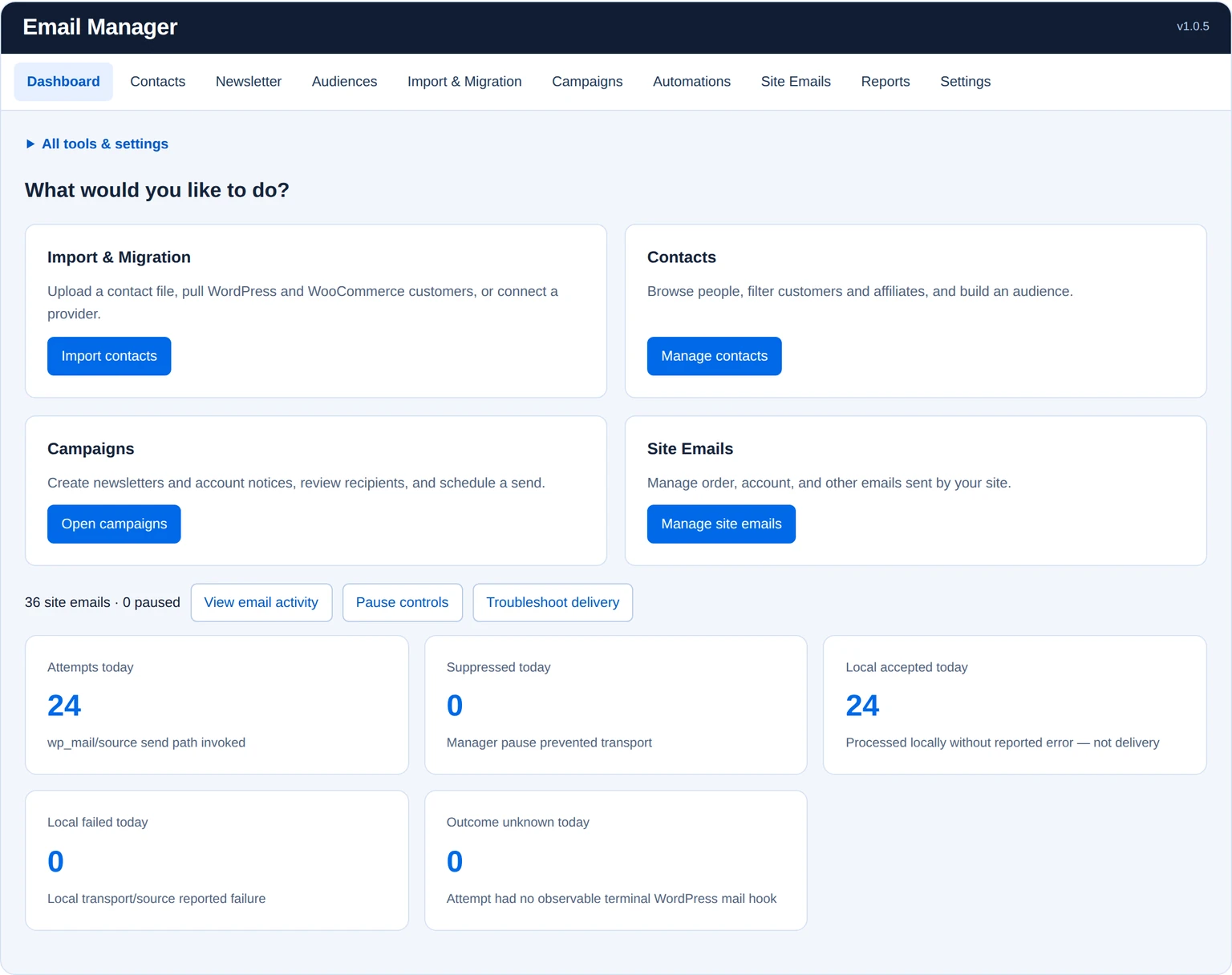 Email Manager 1.0.5 dashboard with shortcuts, 36 discovered definitions and fictional local sending totals.