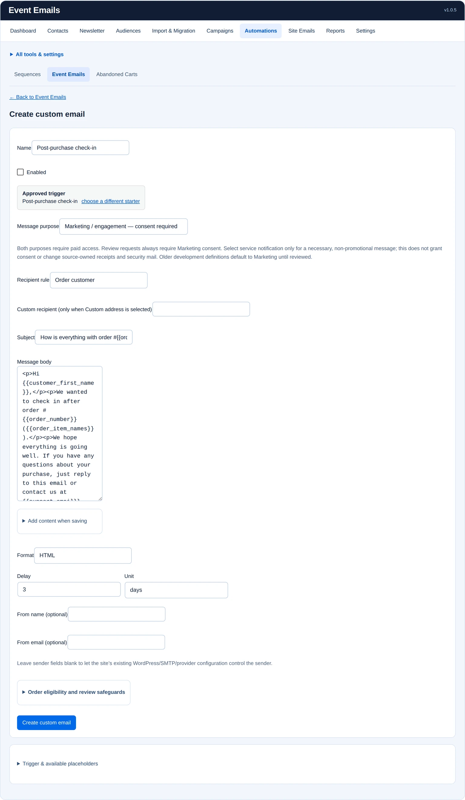Post-purchase event email editor with its approved trigger, message purpose, recipient and delay controls.