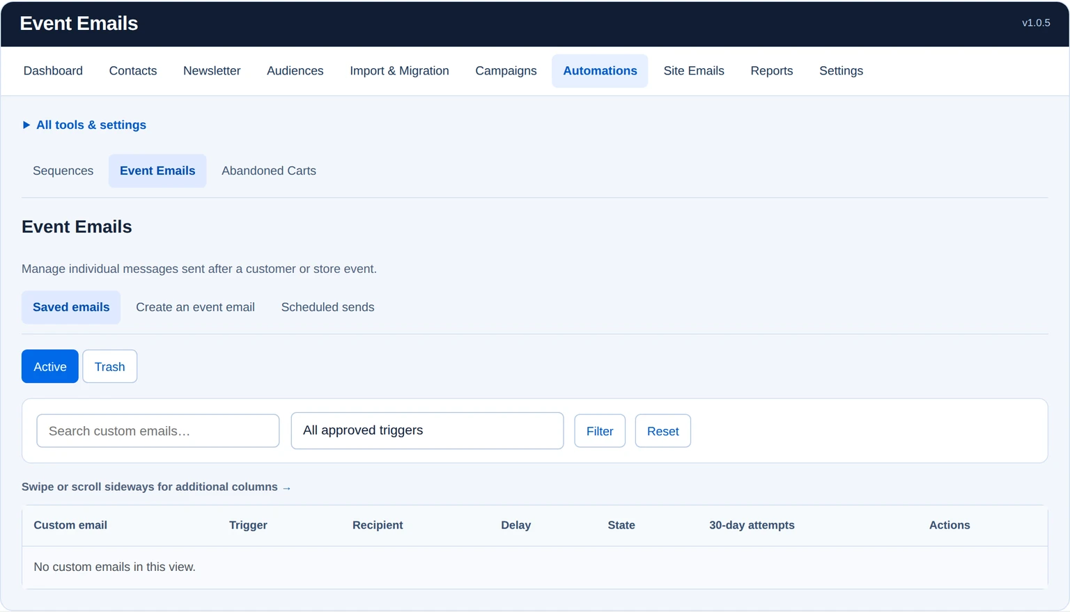 Saved event-email list with approved-trigger filtering; this fictional site has no saved custom event emails.