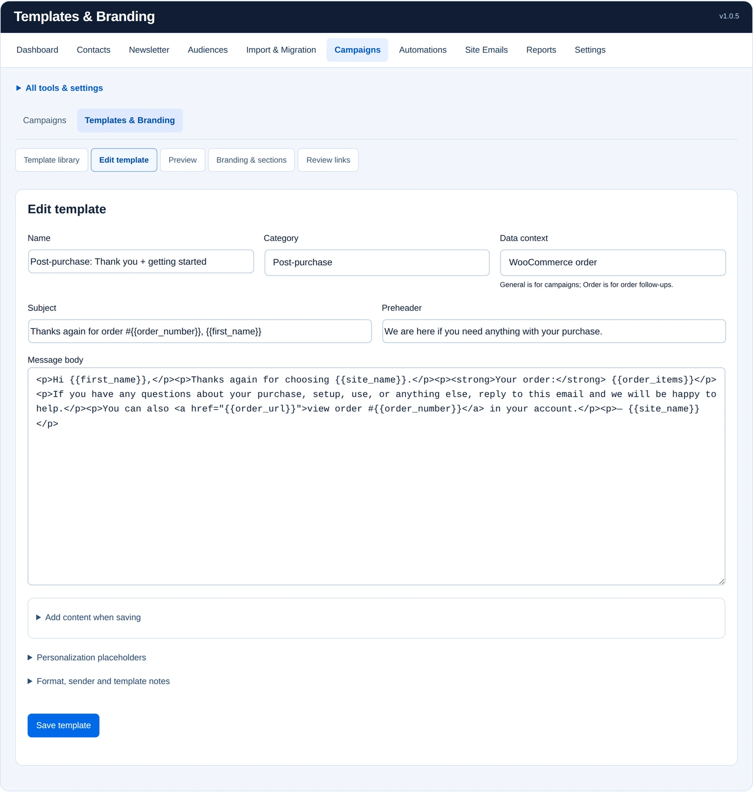 Post-purchase thank-you template with order context, subject, preheader and editable message body.