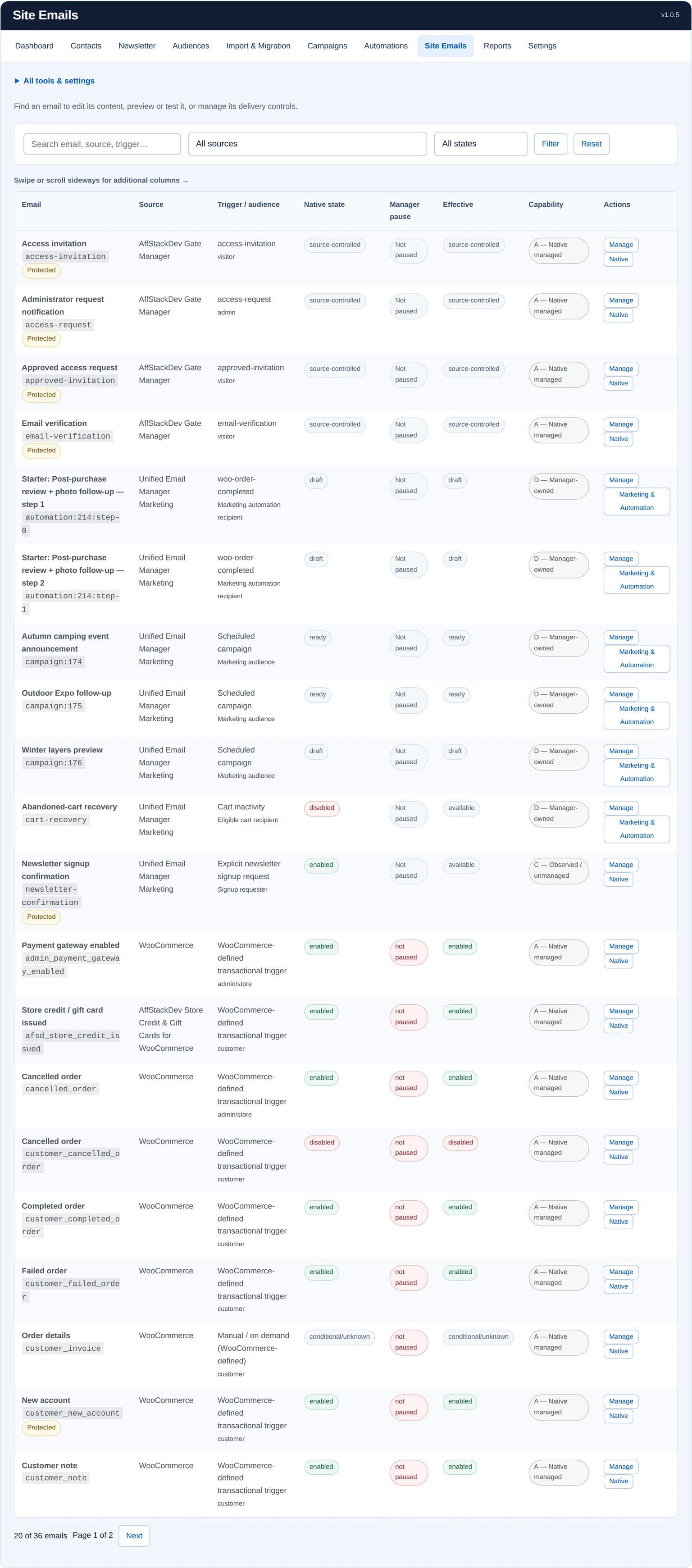Discovered site email definitions with source, trigger, native state, manager pause and available controls.