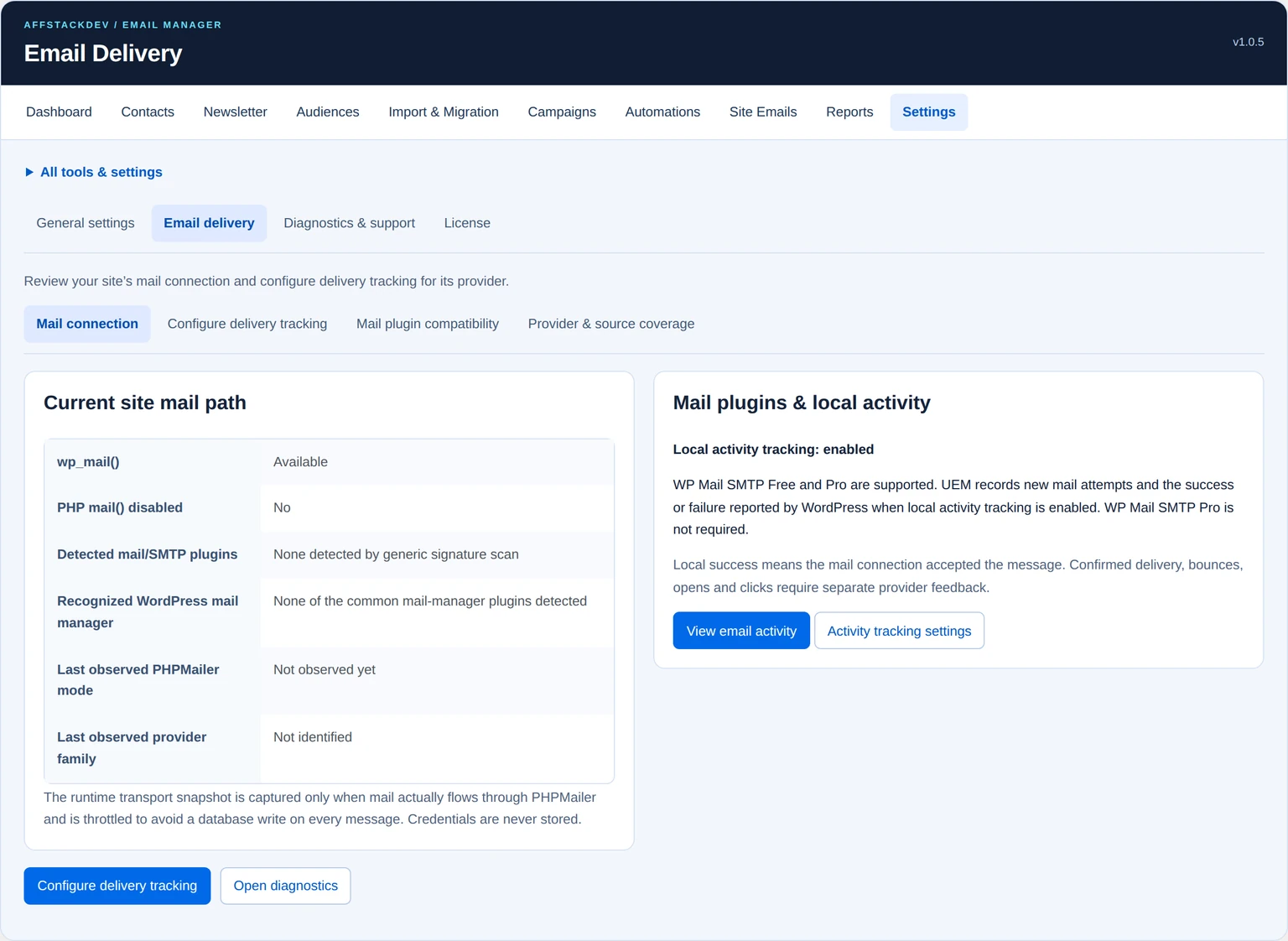 Current local WordPress mail path and mail-plugin activity guidance; no provider credentials are shown.