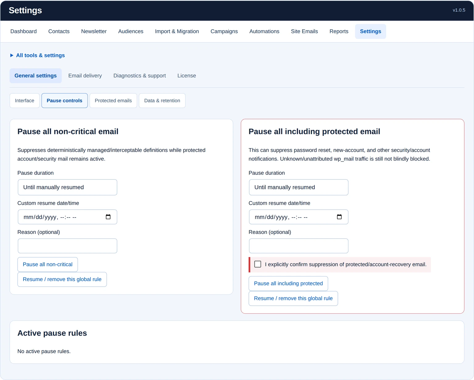 Separate pause controls for non-critical and protected email, with explicit confirmation and an empty active-rule list.