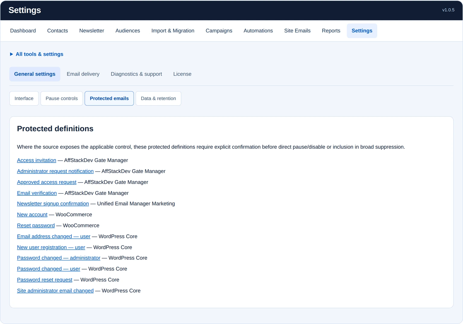 Protected email definitions from Gate Manager, Email Manager, WooCommerce and WordPress.