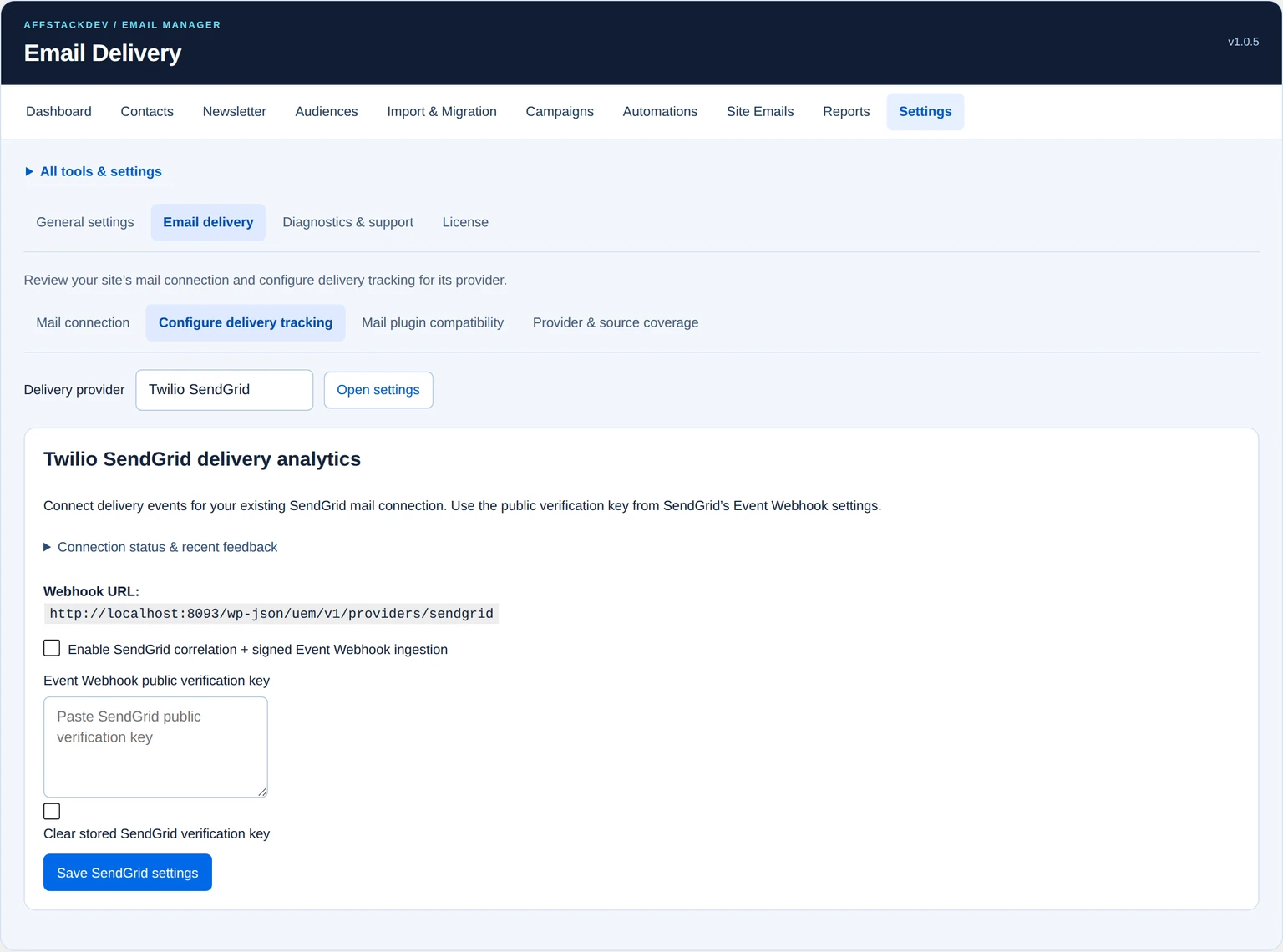 Twilio SendGrid feedback setup with empty public verification-key input and a local callback address.