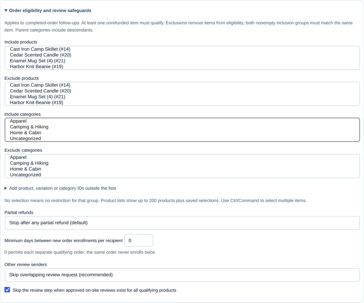 Expanded sequence eligibility controls for products, categories, refunds, repeat enrollment and review overlap.