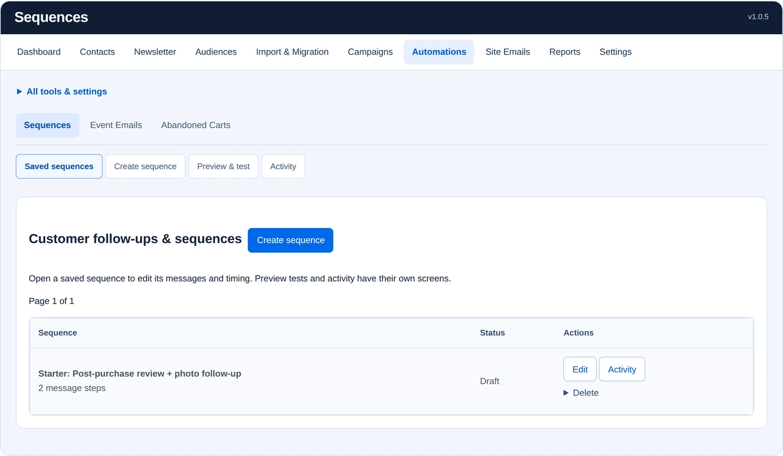 Saved sequence list with a draft post-purchase review and photo follow-up containing two message steps.