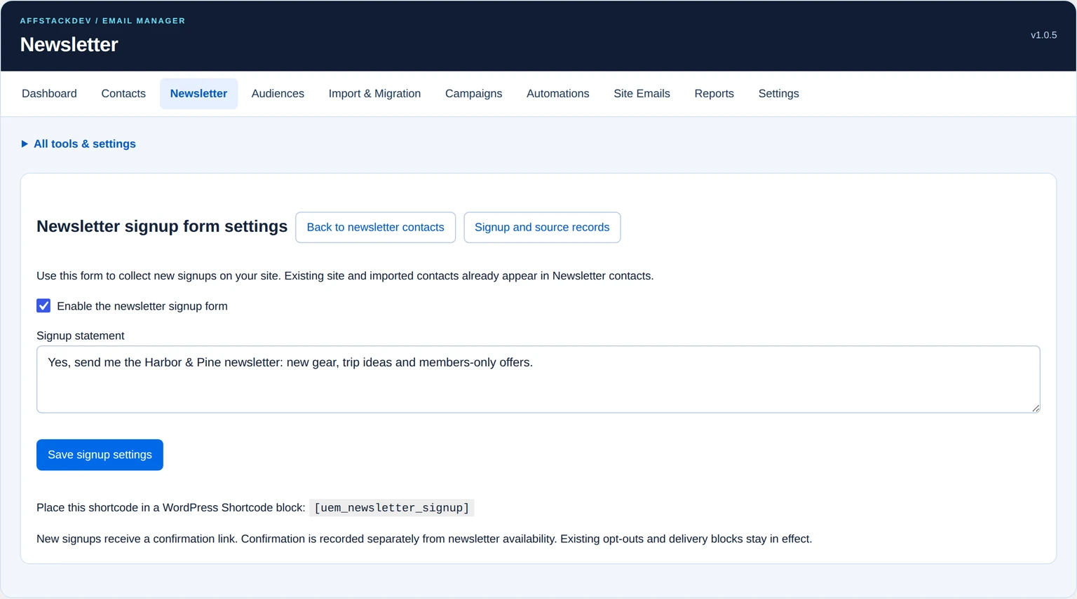 Newsletter signup form setting, fictional consent wording, shortcode and confirmation explanation.