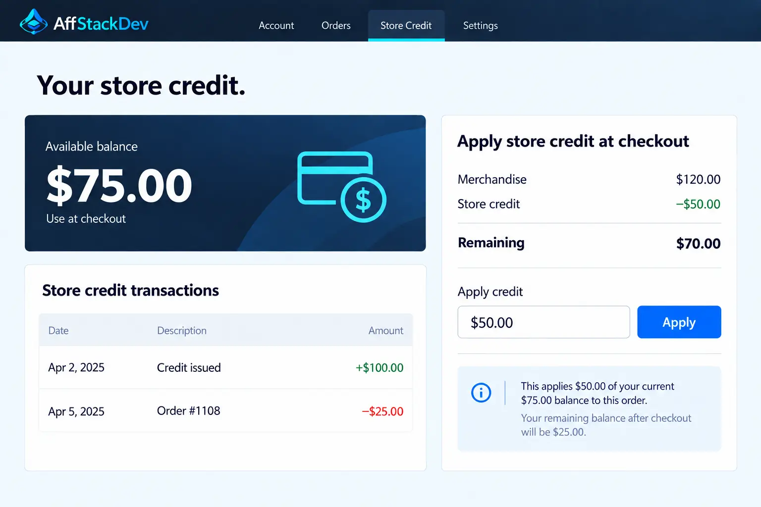 Keep reusable account value visible from the balance to checkout — product workflow illustration.
