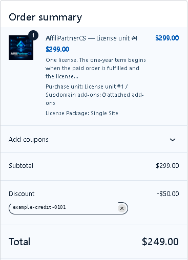 Actual order summary showing a $299 subtotal, $50 discount, removable credit chip and $249 remaining total.