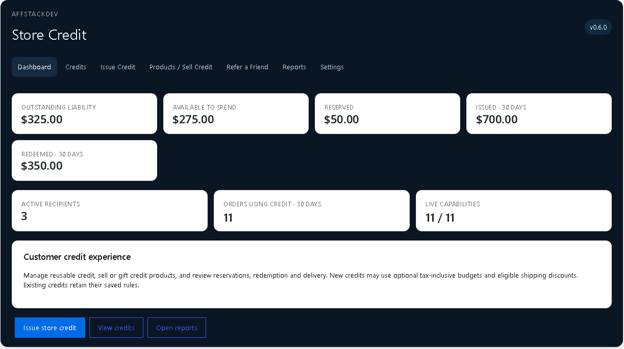 Store Credit dashboard showing $325 outstanding, $275 available and $50 reserved, with product navigation.
